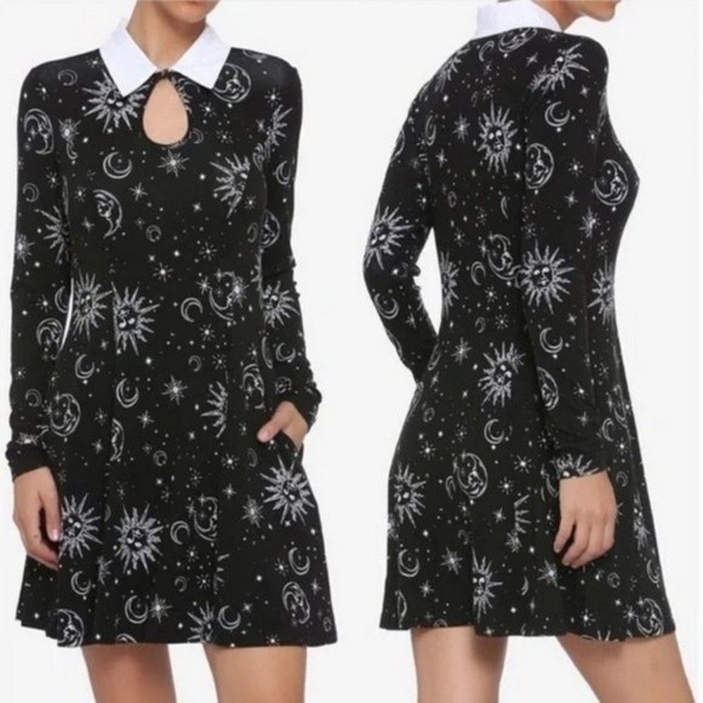 HOT TOPIC Black Celestial Keyhole Long-Sleeve Collared Dress Sz M